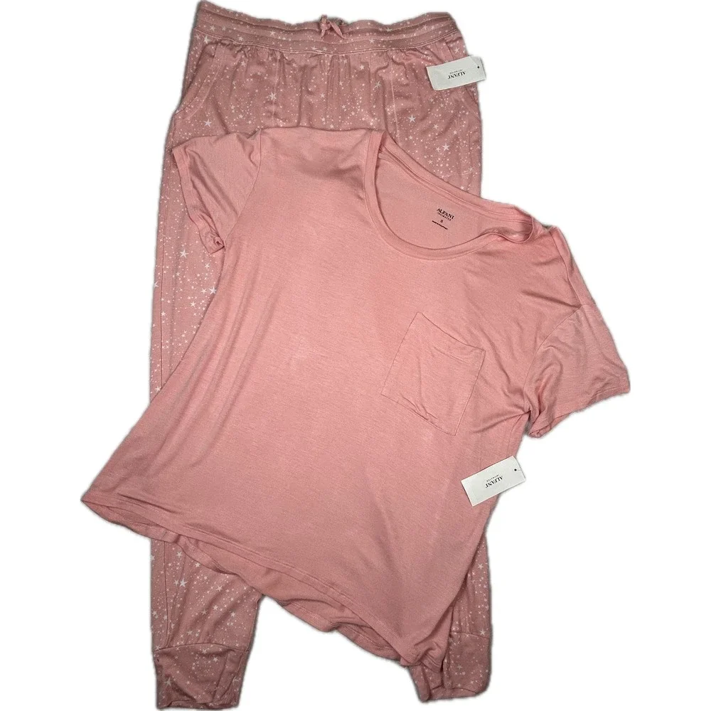 Alfani Intimates Womens Small Pajama Set Pink Star Print Rayon  NWT